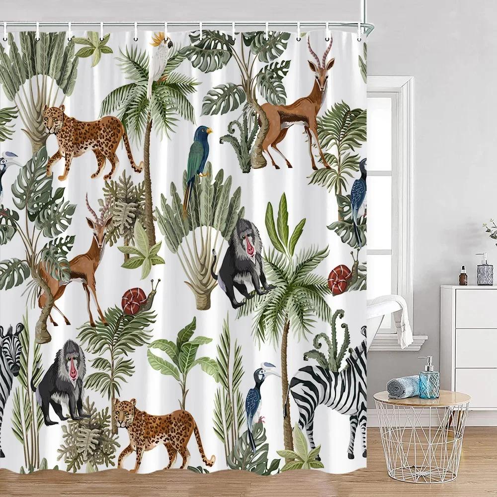Tropisches Tier Duschvorhang Leopard Wildtier Flamingo Papagei Zebra Grüne Pflanze Palmenblatt Badezimmer Vorhang Dekoration