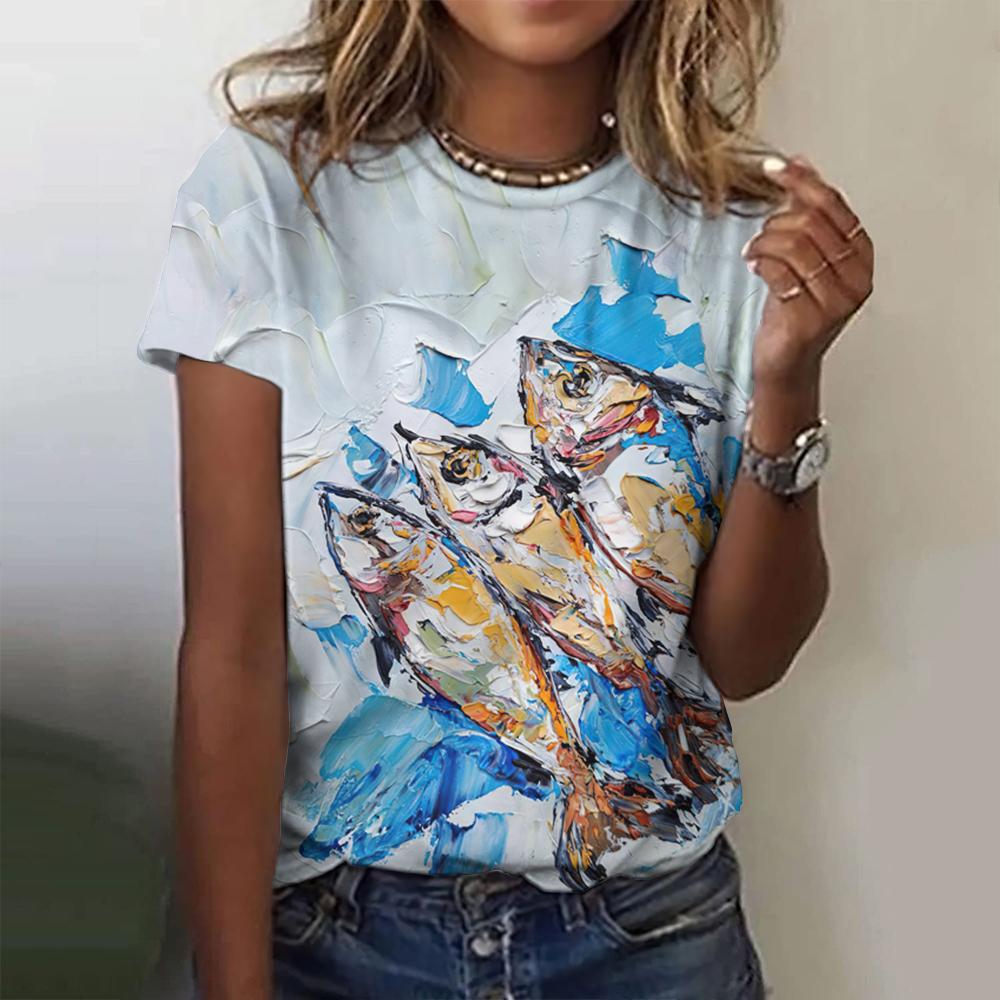 Summer Round Neck 3D Fish Printed Top Fashionable Casual Short Sleeved Women's T-shirts