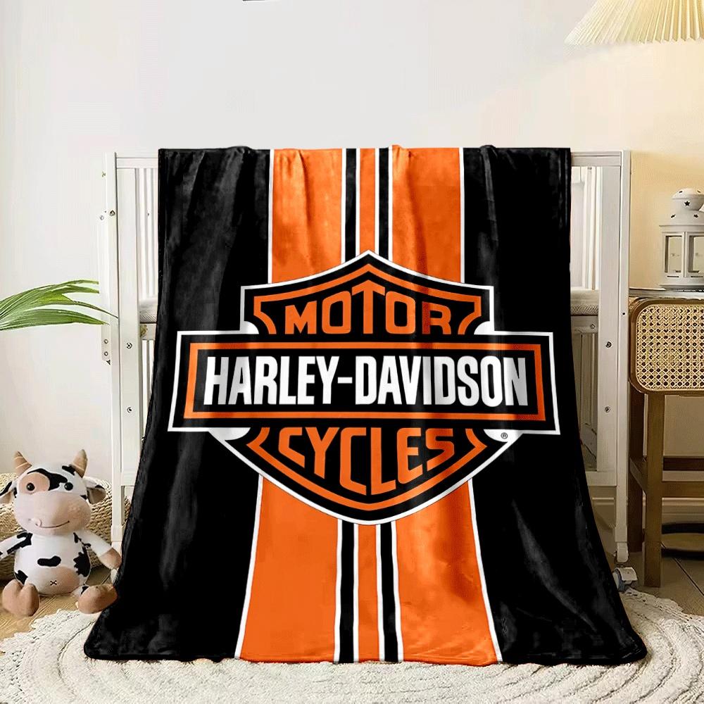 Bold Orange Vertical Stripes with a Harley-Davidson Logo On a Black Background. for All Seasons Blanket Lunch Break Throw Gift