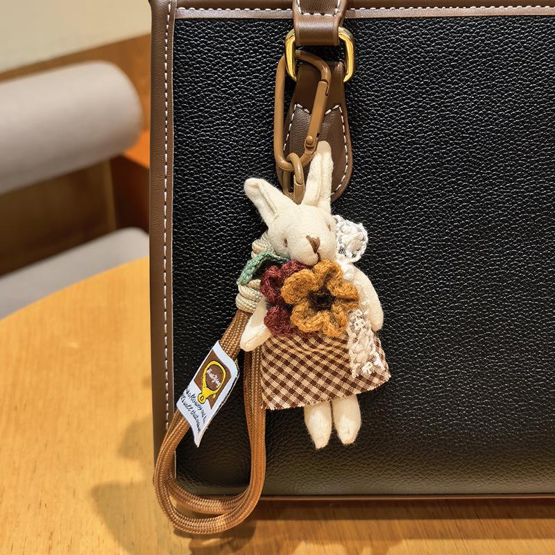 Cute Fabric Bunny Bag Charm, Handmade Plush Rabbit Keychain with Flower Dress & Braided Rope