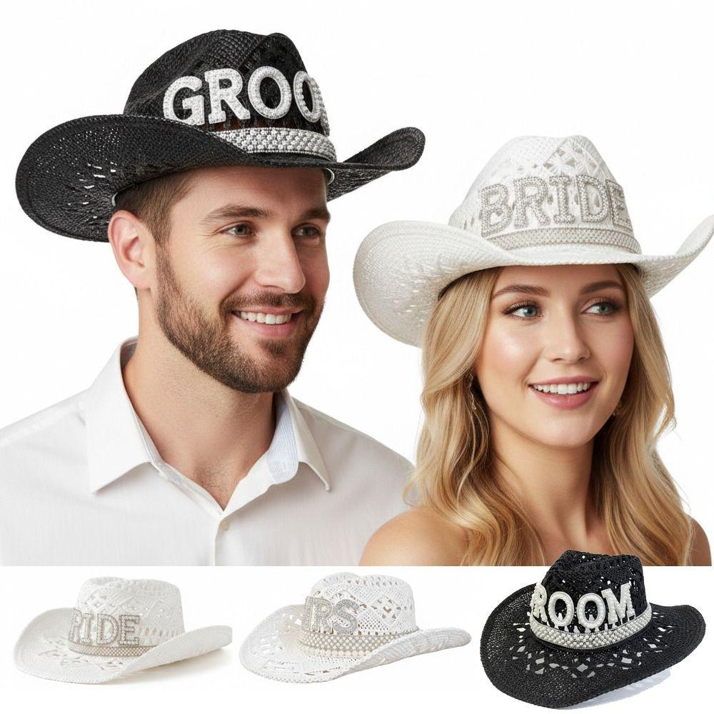 Rhinestone Letter Western Cowboy Hat Hollow Cowgirl Hat Jazz Hat For Wedding Bachelorette Party