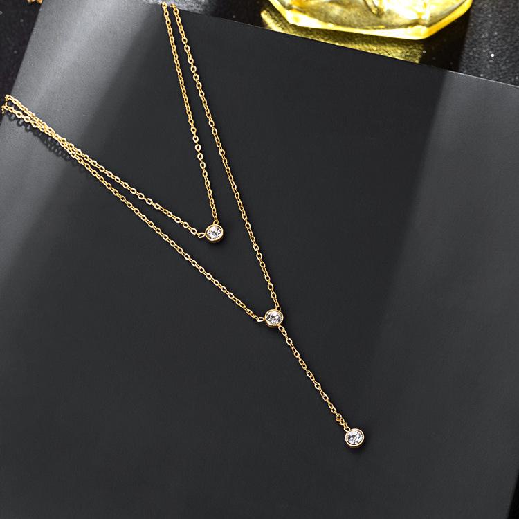 Minimalist Women's Double-Layered Stainless Steel Link Chain Necklace with Zircon Tassel Trendy Fashion Ins Collarbone Style