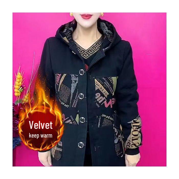 

Универсальное зимнее пальто с капюшоном большого размера для мам среднего и пожилого возраста - Принтованное, свободного кроя, на флисовой подкладке, повседневная хлопковая куртка L