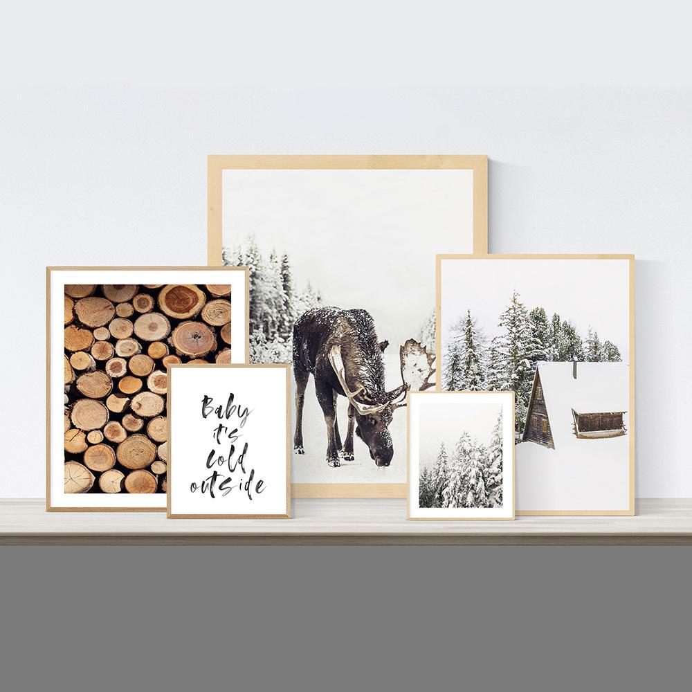 Winterdruck, Elch, Blockhütte, Wandkunst, Wald, Weihnachtsdekoration, rustikales Winter-Leinwandposter, modernes nordisches Wohnzimmer, Wohndekor