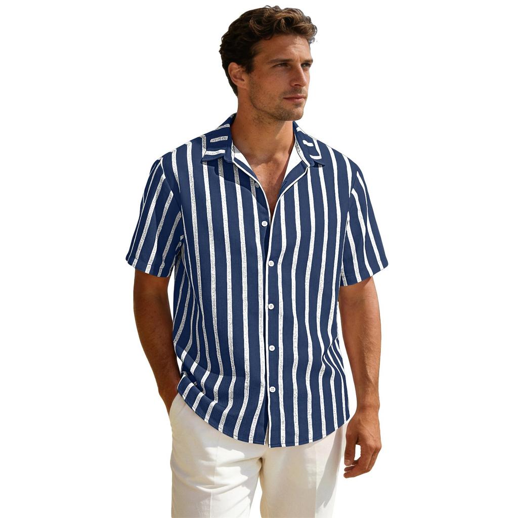 Men Short Sleeve Striped Button Down Shirt Casual Loose Fit Lightweight Breathable Collared Summer Top for Daily Wear