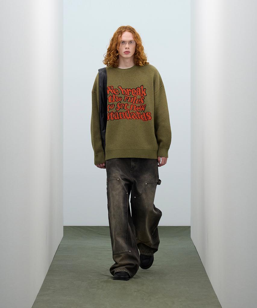 STANDARDERROR 87-Stan191 Art Lettering Oversized Jacquard Knit Khaki