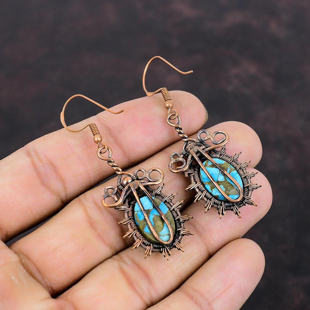 Brinco de cobre azul turquesa Brinco de fio de cobre enrolado Brincos de pedras preciosas reais Joias de cobre Brinco feito à mão Joias de fio enrolado para presente
