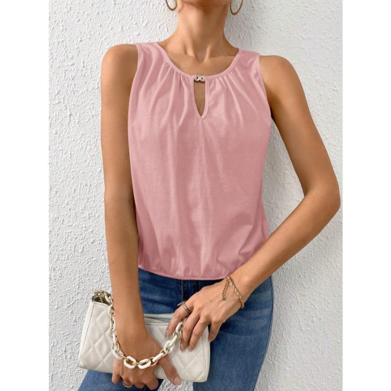 Nuova camicetta estiva ampia senza maniche con scollo rotondo da donna, camicia casual da ufficio alla moda, canotta a tinta unita, elegante, sexy, semplice, con intagli, top e canotta.