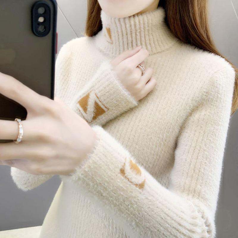 Imitation Mink Velvet Does Not Shed Hair. New Jacquard Slim-fitting Inner Double-layer Collar Turtleneck Knitted Bottoming Sweater for Women