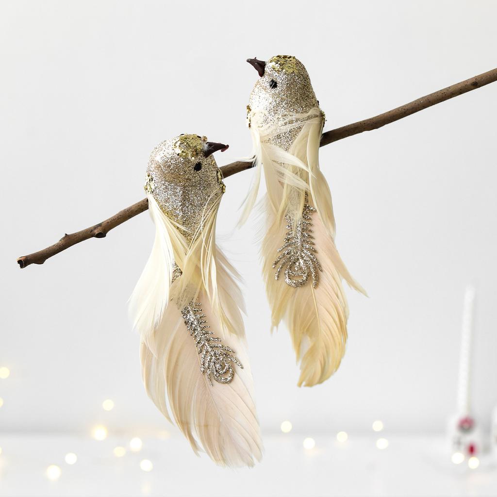2PC Glitter Christmas Birds Artificial Foam Feathers Couple Bird Pendants for Home Wedding Party XMAS Tree Realistic Decoration