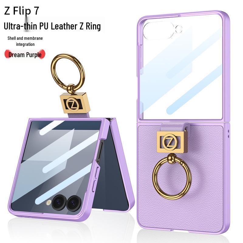 Samsung Z Flip7 Ultra-Thin Premium Leather Ring Case - Elegant, Solid Color Protective Cover