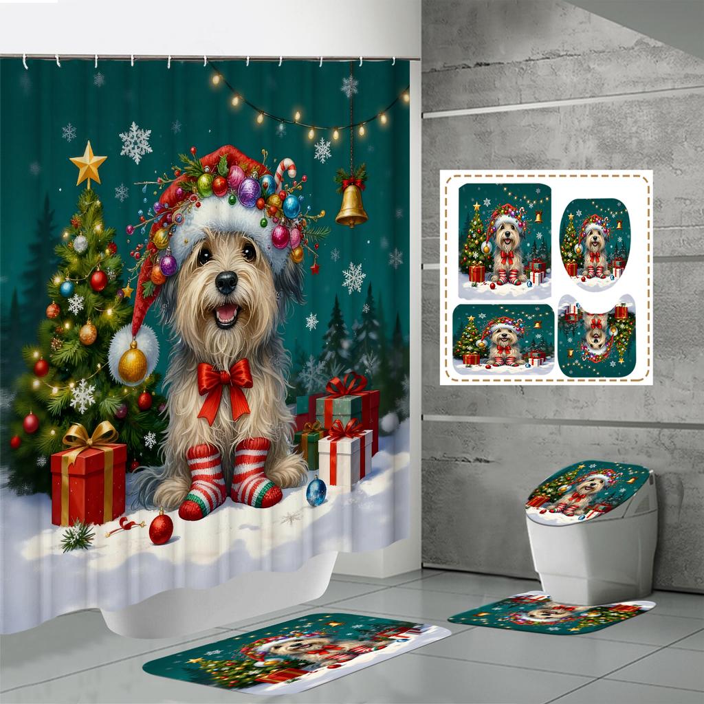 4PCS  Shower Curtain Sets With Shower Curtain And Rugs Toilet Lid Rug U Shape Mat And Bath Mat Bathroom Set  With 12 Hooks