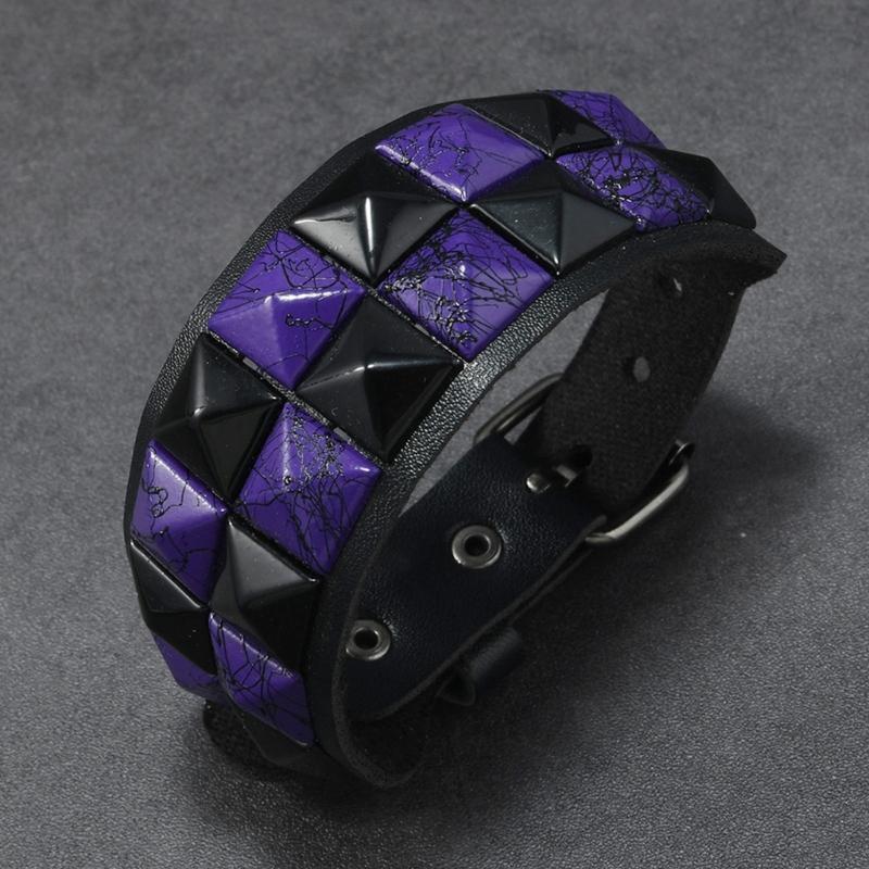 Studded Cuff Bracelet Double Row Square Studs Adjustable Closure PU Strap Punk Wrist Bangle for Concert Streetwear