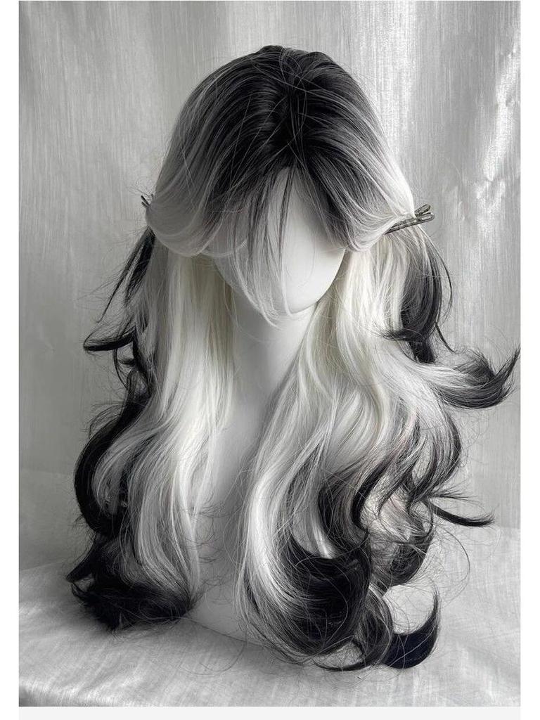 Ink In the Clouds: Black & White Gradient Long Curly Wig with Middle Part