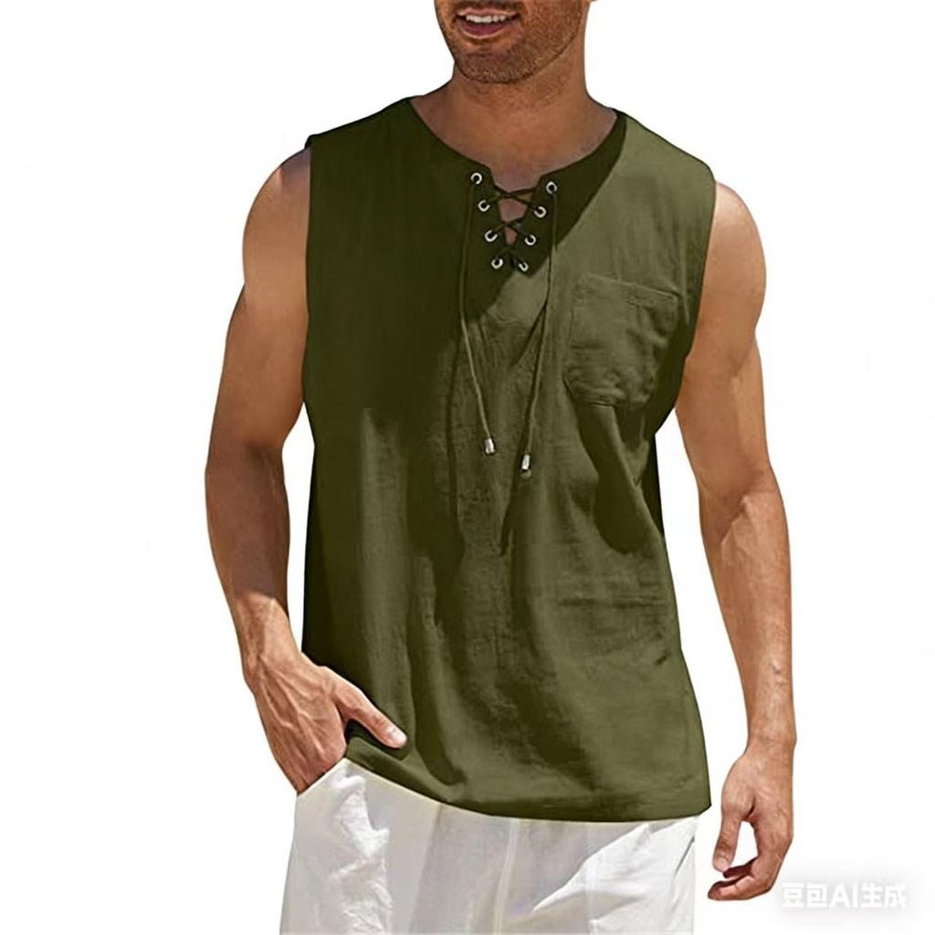 Gilet Casual da Uomo Senza Maniche in Cotone e Lino con Scollo a V Allacciato e Tasca Frontale