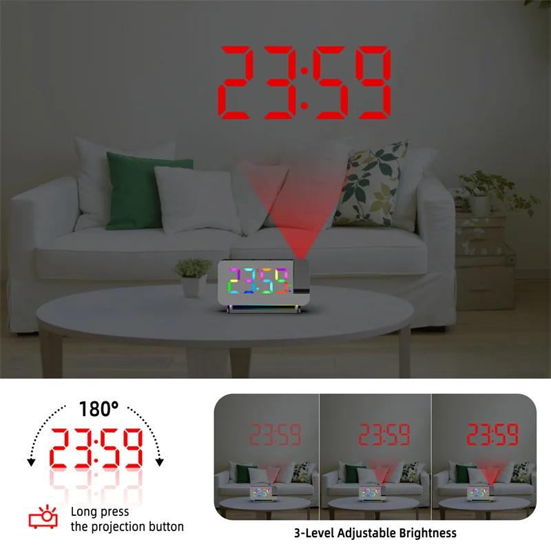 FM Radio 180° Projection Alarm Clock RGB With RGB Night Light 6 Levels Brightness Dual USB Output Port 12H/24H Digital LED Clock