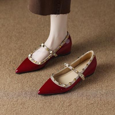 Height Increase Small Heel Single Shoes Women's 2025 Spring New French Pointed Head Shallow Mouth Mary Jane with Skirt Rivet Evening Shoes