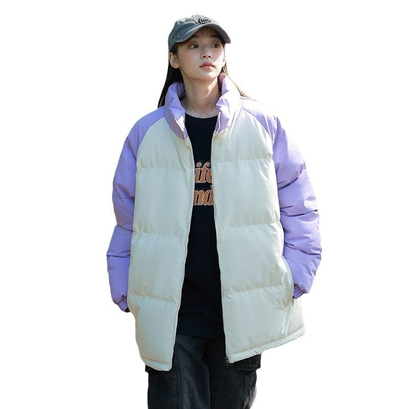 Down Cotton Jacket Winter Couple Thickened Warm Bread Clothes Men's Casual Cotton Clothes Loose Color Matching Stand-up Neck Cotton-padded Clothes