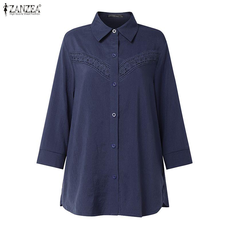 ZANZEA Women Lace Patchwork Casual Turn Down Collar Loose 3/4 Sleeve Blouse