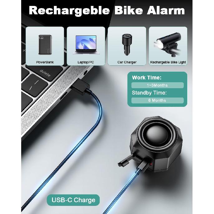 Max 110DB Bike Alarm,Bike Alarms For Ebikes Rechargeable Motorcycle Alarm With Remote,7 Levels Sensitivity Bicycle Alarm, Anti Theft Bicycle Alarm&