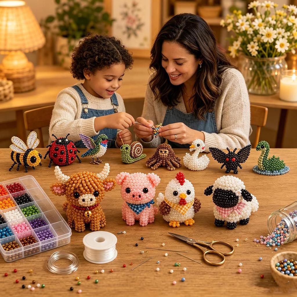 Tiny 3D Beaded Animal DIY Kit, Easy DIY Beading Embroidery Kit With 4 Cute Designs, 3D Animal Themed Beadwork Kit For Beginners
