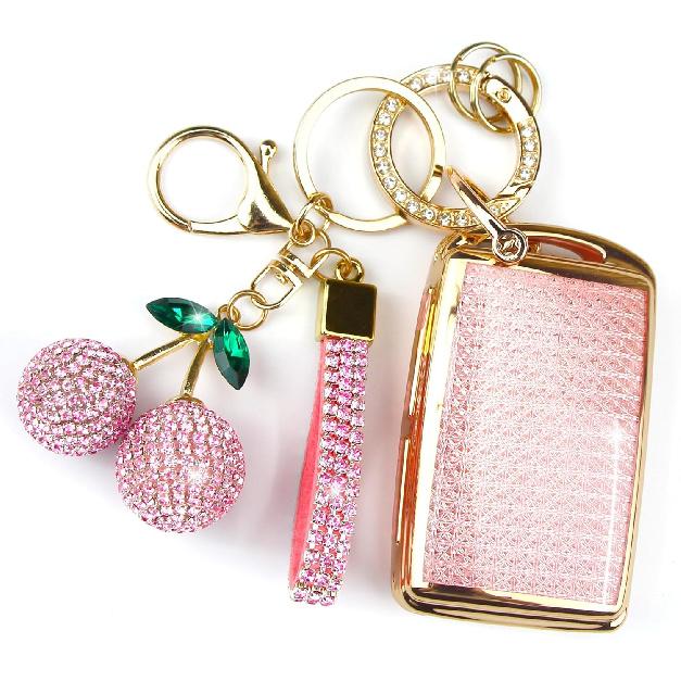 Sparkly Key Fob Cover with Cherry Keychain, Bling TPU Smart Key Case for Women, Compatible with Mazda 3 6,CX-30 CX-5 CX-50 CX-60 CX-70 CX-90, MX-5 розовый