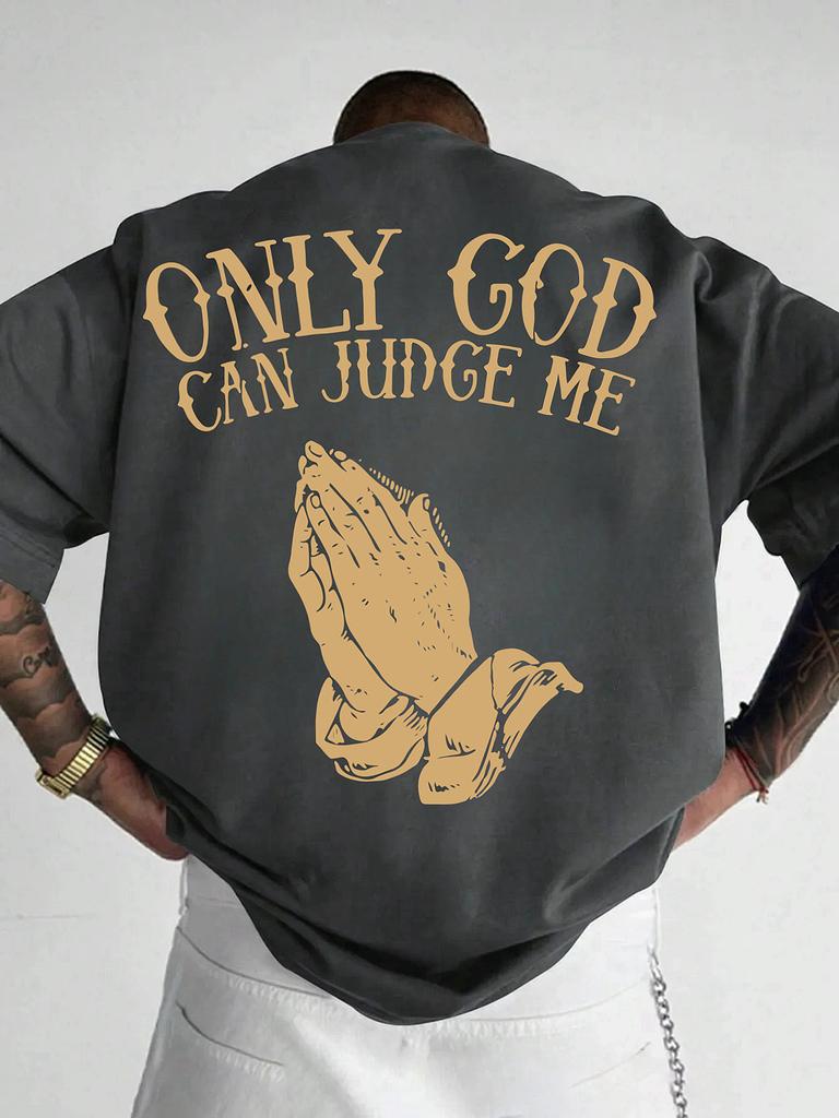 Summer Men's Casual Short Sleeve T-Shirt Loose Only God Can Judge Me Graphic with Raised Fist Palm Tree Design Round Neck Top