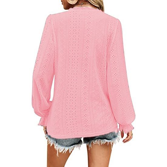 GMXIA Women's V-neck T-shirt Autumn Hollow Casual Pleated Sleeve Top Shirt