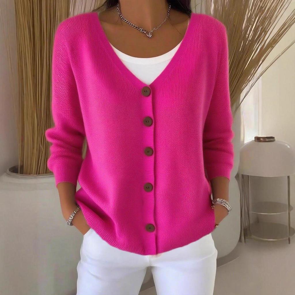 Women's Solid Color Loose Knit Button Cardigan - Casual European & American Style 2025