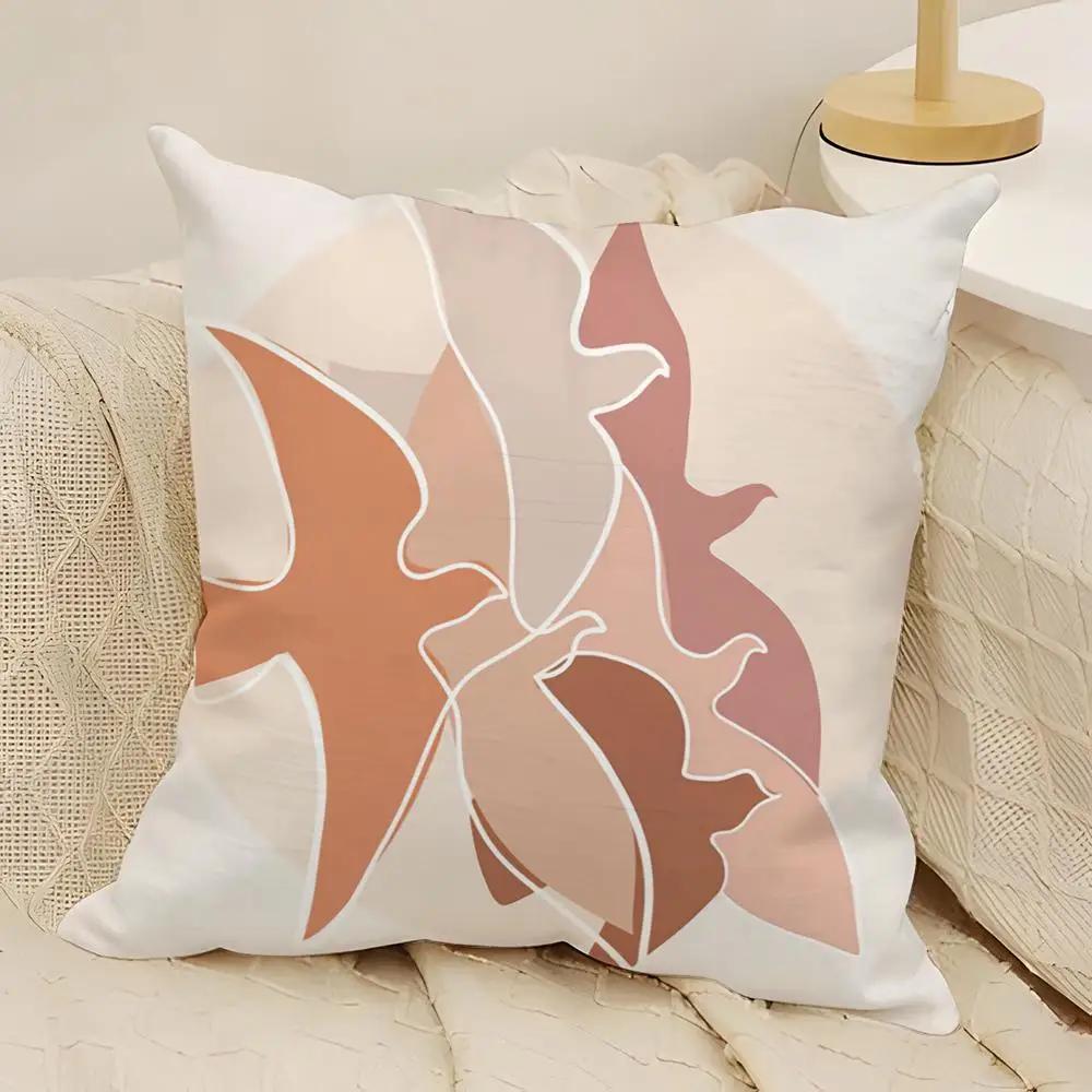 Lines Girl Coral Leaves Wall Art Painting Nordic Pillow Case Natural Linen Double-Sided Printing Sofa Home Decor Cushion Cover