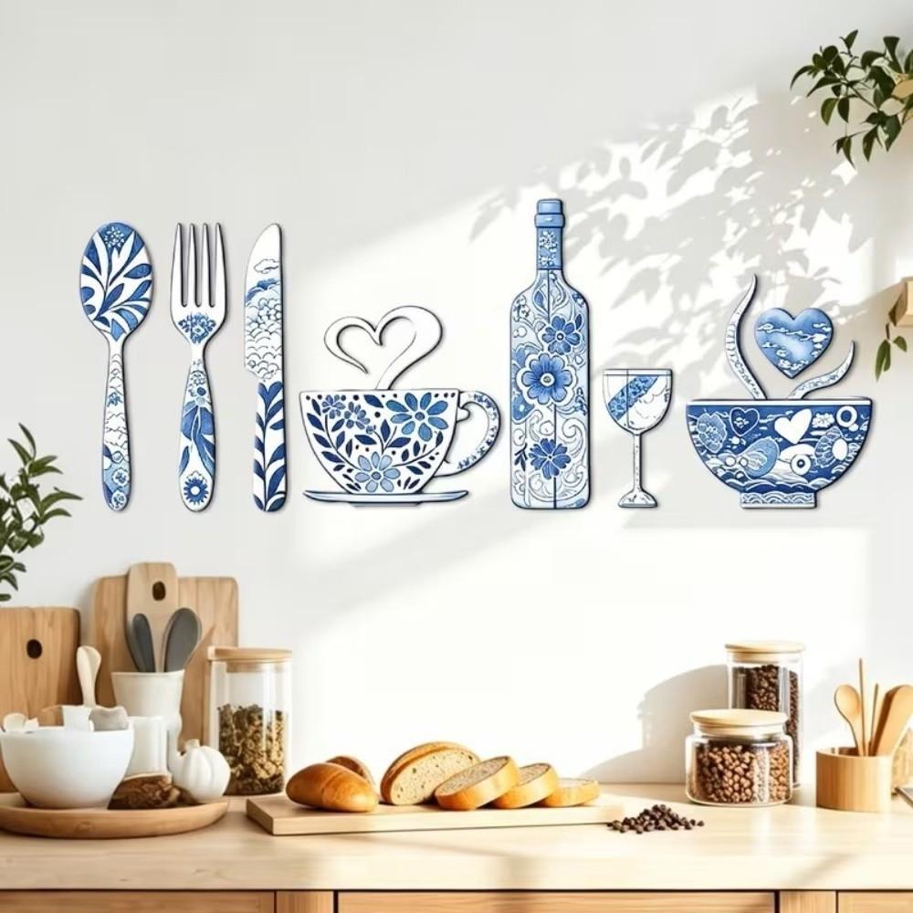 8PCS/SET Fork Wooden Wall Sticker Ornaments Retro Floral Coffee Element Wall Plaques Bar Decoration