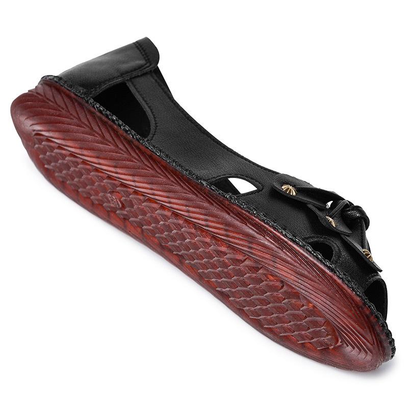 Summer Sandals Women's Mother Shoes Leather Soft Bottom Non-slip Fish Mouth Comfortable Large Size Hole Shoes Hollow Women's Shoes