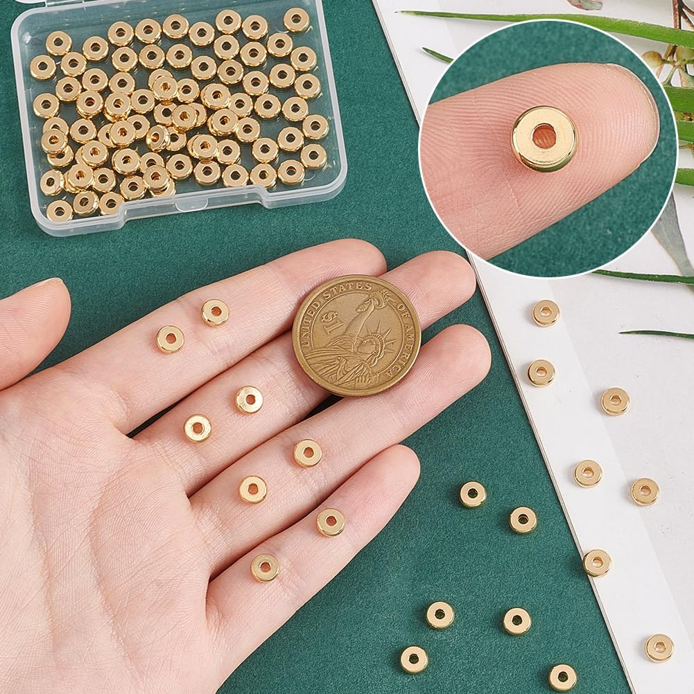 PH PandaHall 100pcs 18k Gold Plated Flat Spacer Beads Rondelle Spacer Disc Beads, 6mm Gold Flat Round Spacer Beads Loose Jewelry Making Beads for DIY