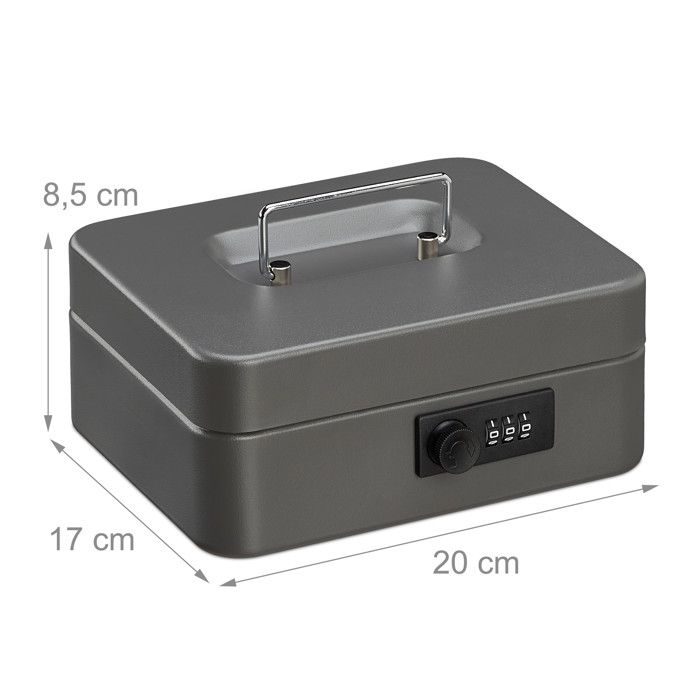 Relaxdays Caisse à monnaie, avec combinaison à 3 chiffres, rangement d’argent en fer, H x L x P 8,5 x 20 x 17 cm, gris