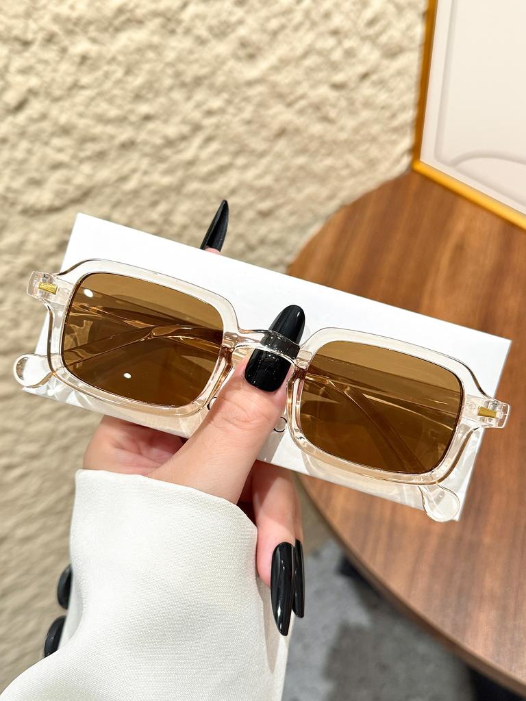 1Pc Fashionable Rectangular Frame Glasses With Rice Nail Decoration Unisex Perfect For Daily Wear Decorative Accessories