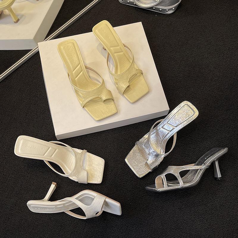 White and Long Legs~ Simple Temperament Square Head Fairy Open Toe High Heel Slippers Women Wear Sandals