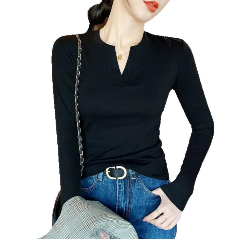 Womens Plus Size V-Neck Long Sleeve Cotton T-Shirt: Slim Fit Base Layer for Spring & Autumn