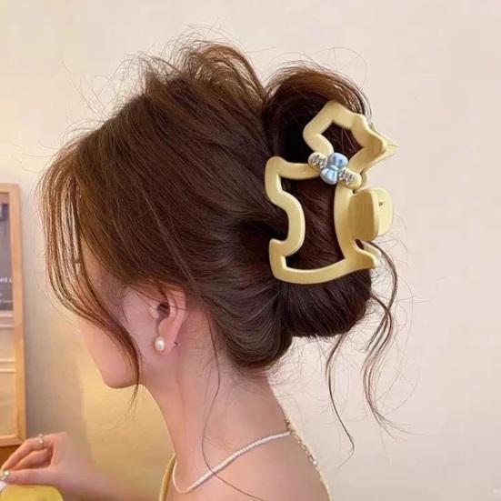 Women Shark Hair Claw, Hollow Puppy Design Hair Clip with Blue Bows And Rhinestones, Anti-slip Teeth Back Head Hair Clip for Multiple Hair Volumes