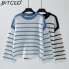 BITCED Autumn/Winter Women's O-Neck Loose-Fit Black-and-White Striped Pullover Long-Sleeved Knitted Sweater
