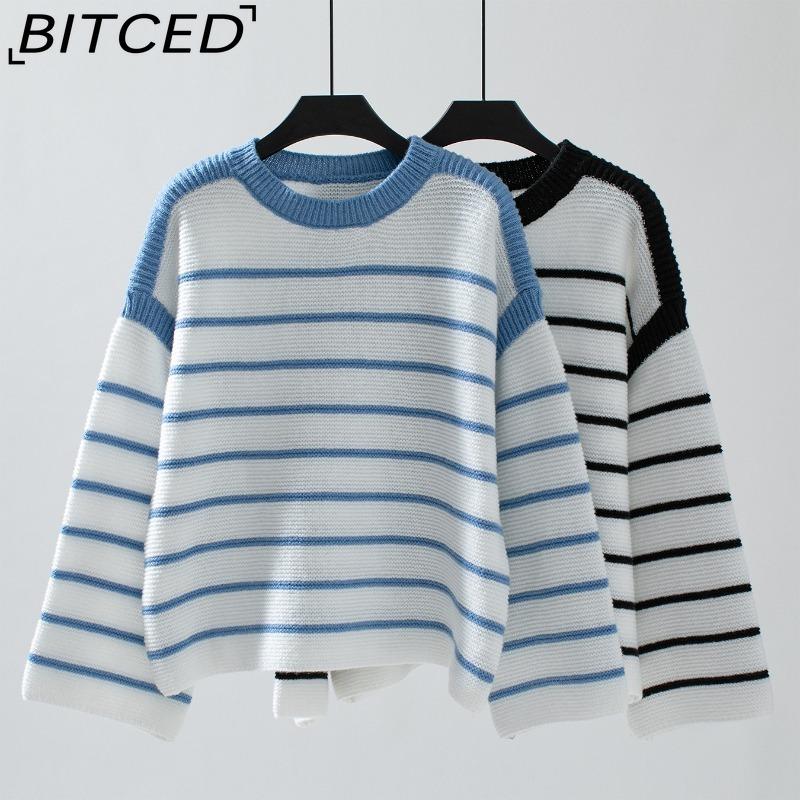 BITCED Autumn/Winter Women's O-Neck Loose-Fit Black-and-White Striped Pullover Long-Sleeved Knitted Sweater