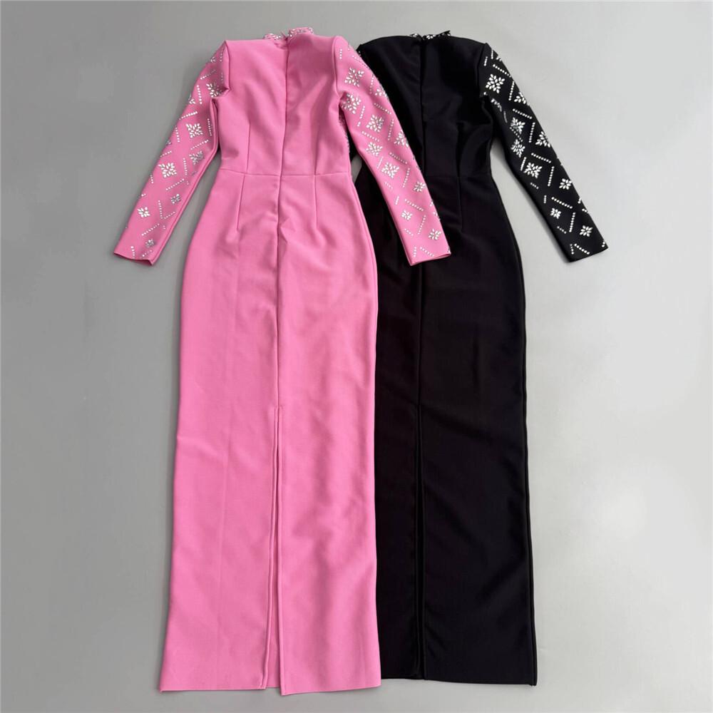 Elegant Western Retro Bandage Dress - Long Sleeve Evening Gown with Hot Drill Detailing