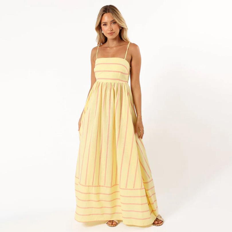 Women Spring Sleeveless Striped Slim Suspender Camisole Dress Summer Casual Ankle-Length Backless High Waist Loose Dresses S-XL