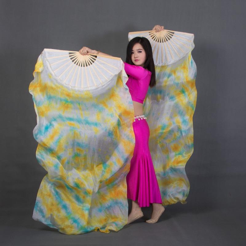 1pair/2pcs Real Silk Belly Dance Veil Fans Bamboo Handmade Tie-dye 150cm/180cm Performance Long Fan BellyDance Fan Veil