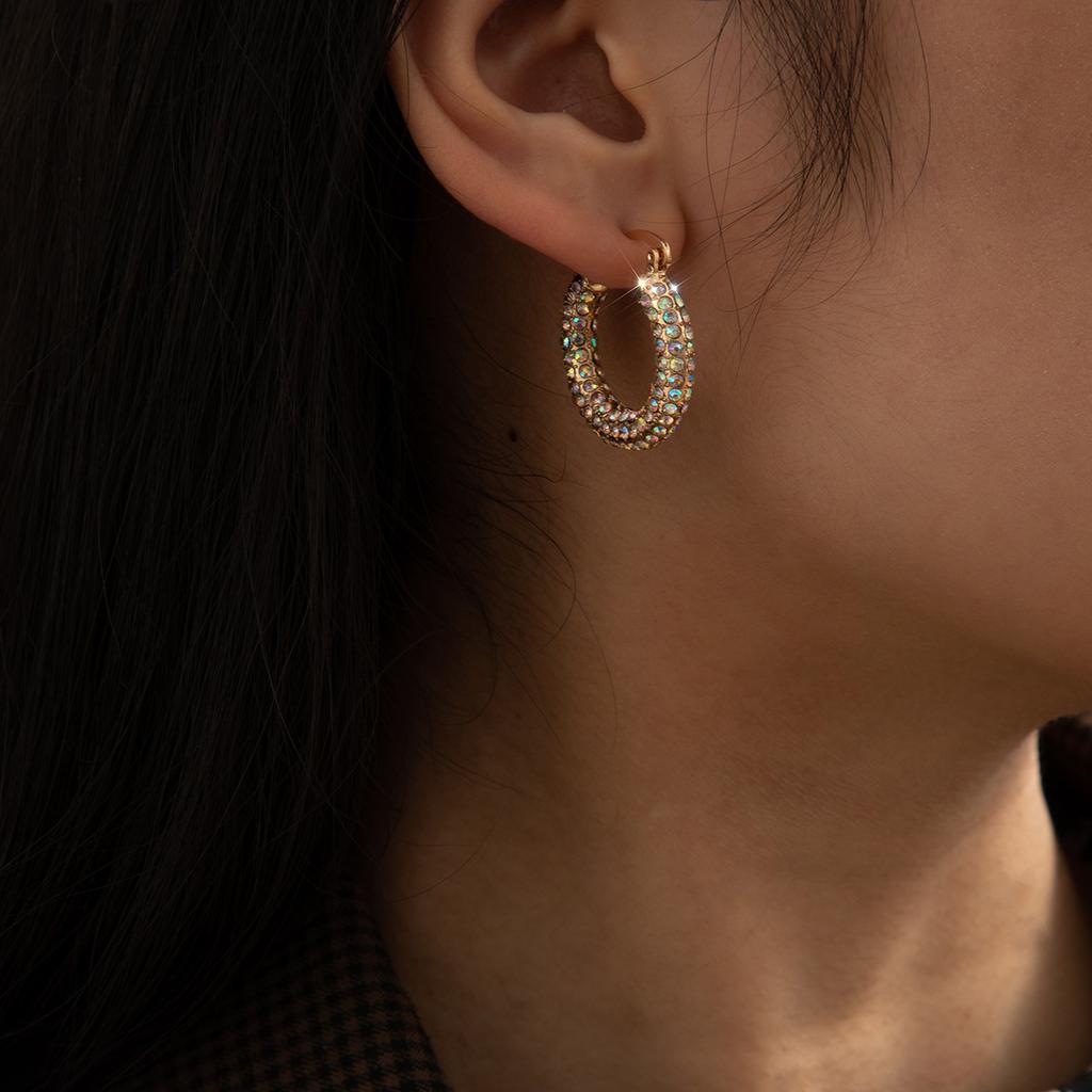 Fashion Light Luxury C-Shaped Full Diamond Set Earrings, Temperament Versatile With Colored Diamond Geometric Studs