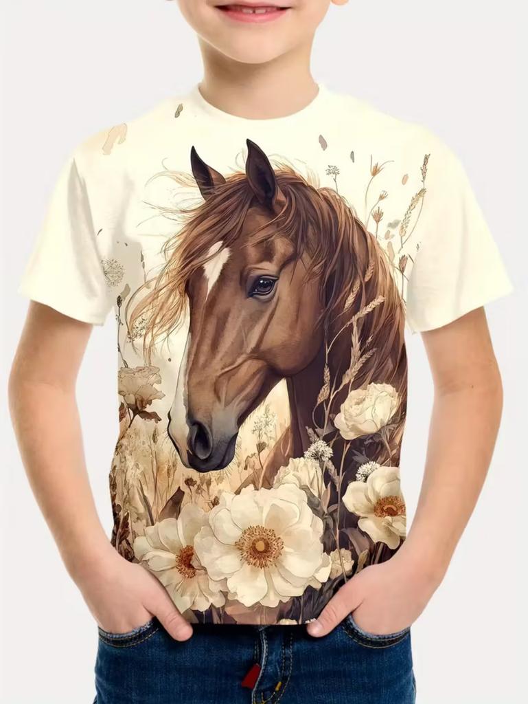 Children's Clothing Boys T-Shirt 3D Horse Print Short Sleeve Fashion Kids Summer Clothes Casual Child Girls Clothing O-Neck Tops