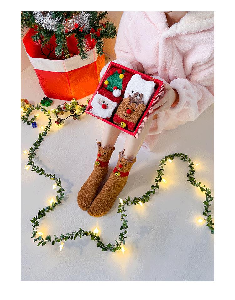 Gift Box: Autumn/Winter Ladies' Cartoon Christmas Socks - Santa Claus Coral Fleece Mid-Calf, Four-Pair Set