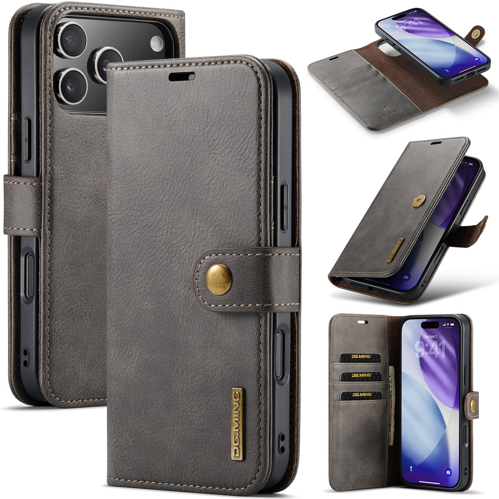 

DG.MING Wallet Case For iPhone 17 Pro Max Luxury 2-in-1 Removable Magnetic Flip PU Leather Card Stand Cover сірий колір
