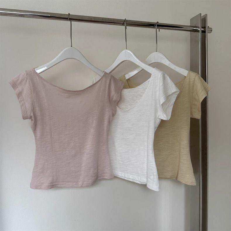 Różowy Bawełniany T-shirt Damski z Krótkim Rękawem z Dekoltem U - Letni Styl Koreański