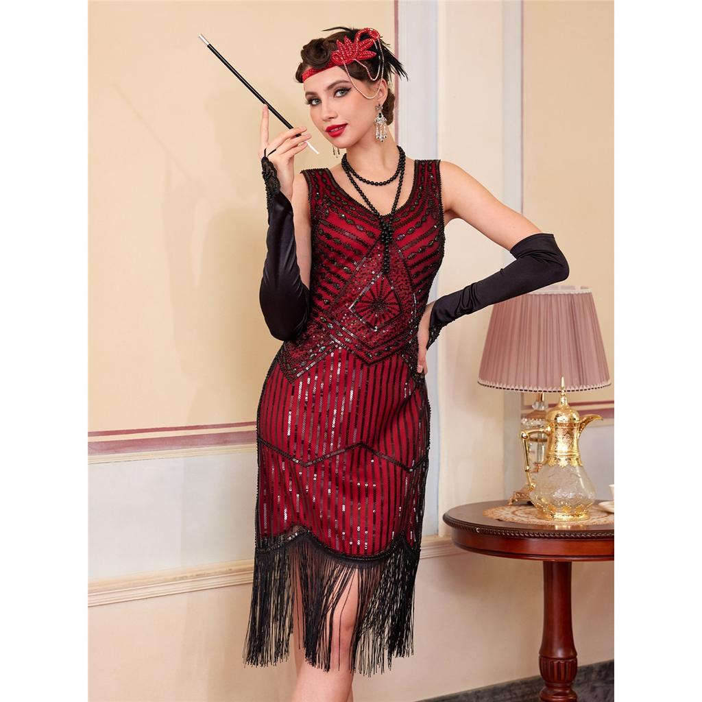 Women's Plus Size 1920s Gatsby Flapper Dress, Sequin Beaded Tassel Fringe Vest Dress For Prom Party