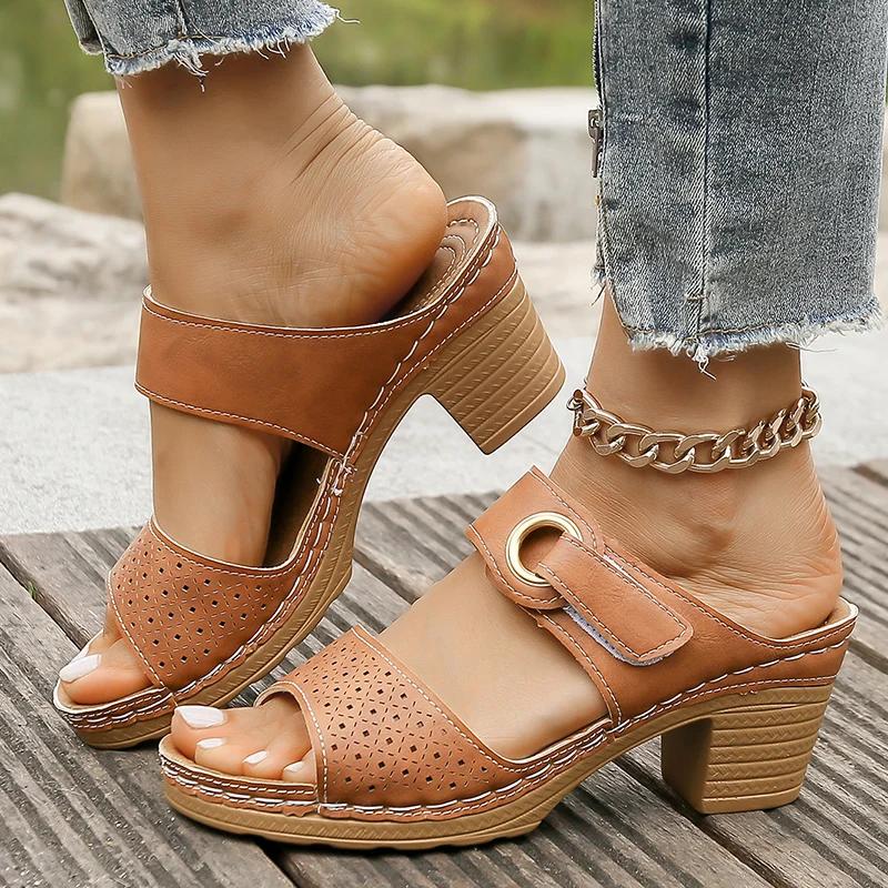 Fashion Hook Loop Thick High Heel Sandals Women Hollow Out Summer Beach Sandles Woman Plus Size Anti-Slip Platform Sandalias De Mujer